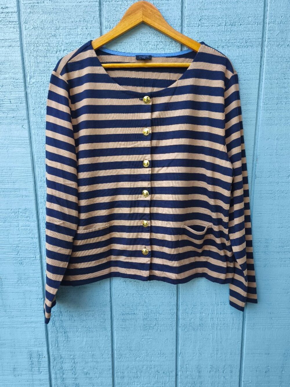 Talbots Patch Pocket Knit Button Down Striped Cardigan sz 2X Tan Navy Preppy